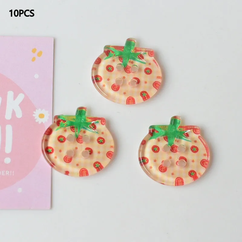 Set of medium-sized plastic or resin round tomato buttons with printed patterns in mixed or solid colours
