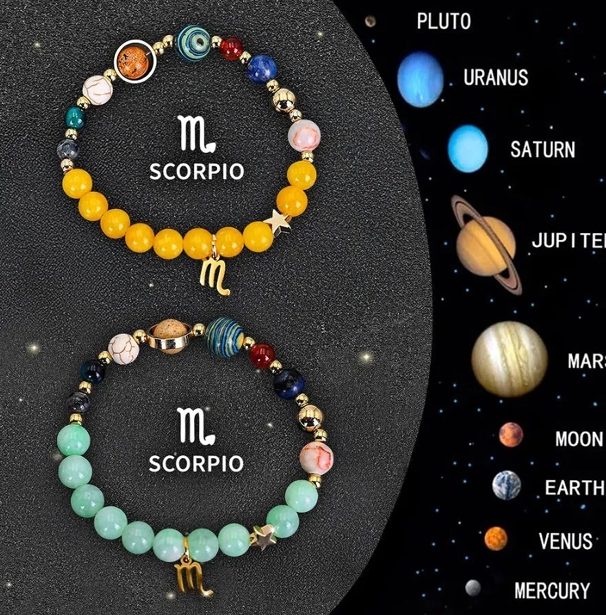 Set of two natural stone beaded bracelets showing zodiac sign designs for a complete astrological collection.