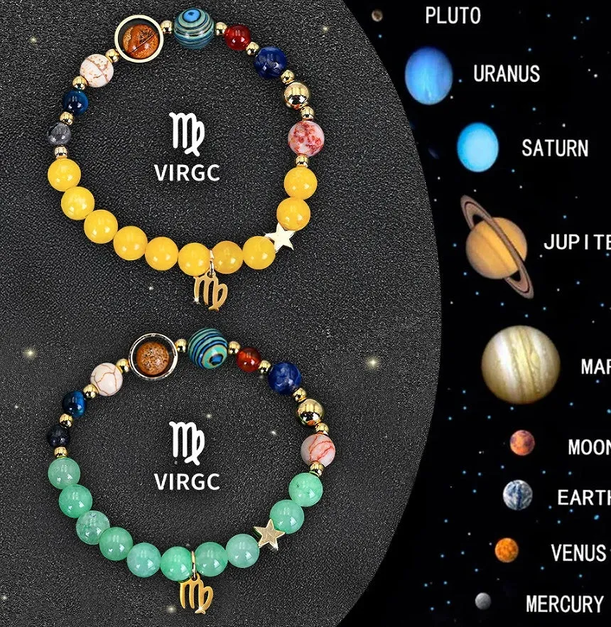 Set of two natural stone beaded bracelets showing zodiac sign designs for a complete astrological collection.
