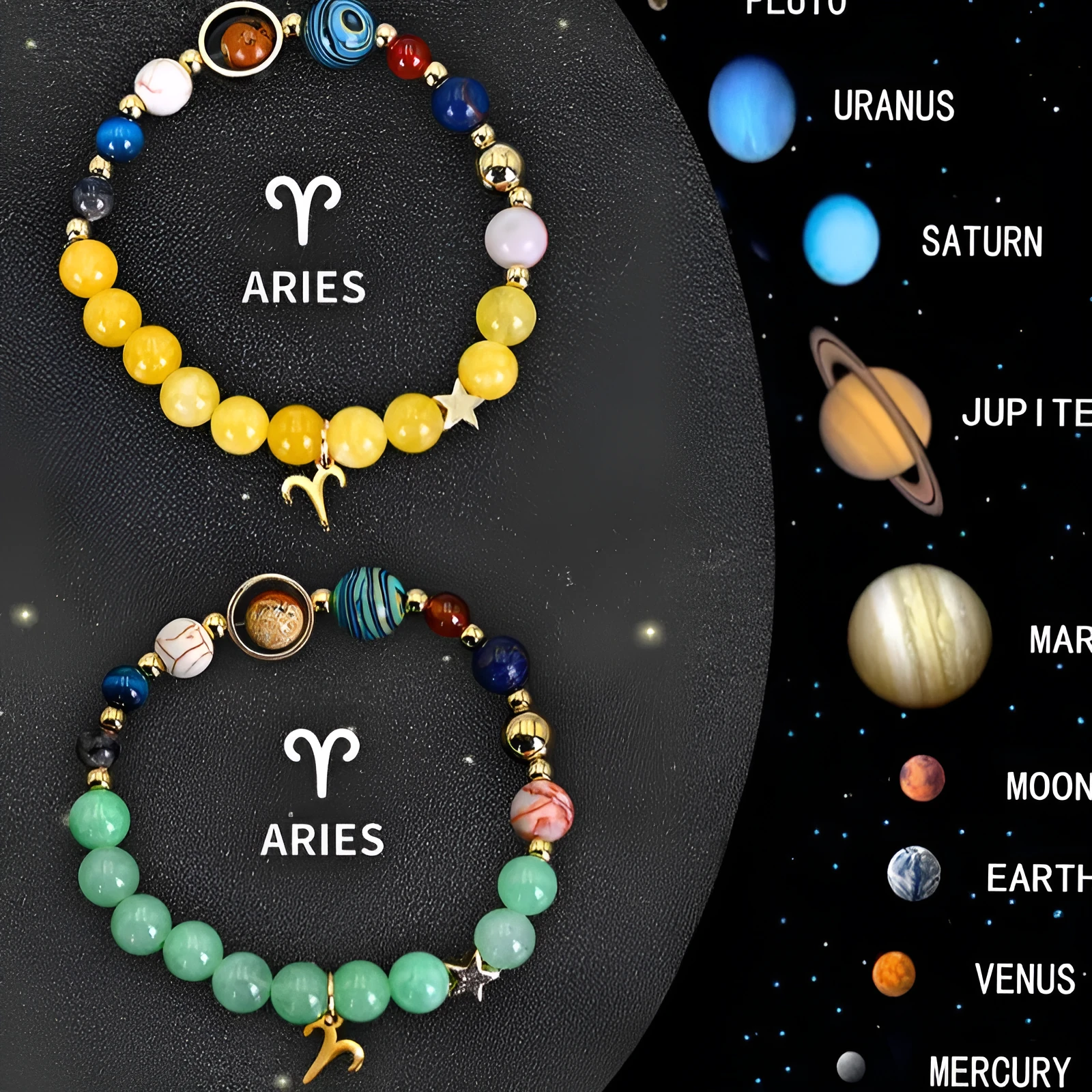 Set of two natural stone beaded bracelets showing zodiac sign designs for a complete astrological collection.