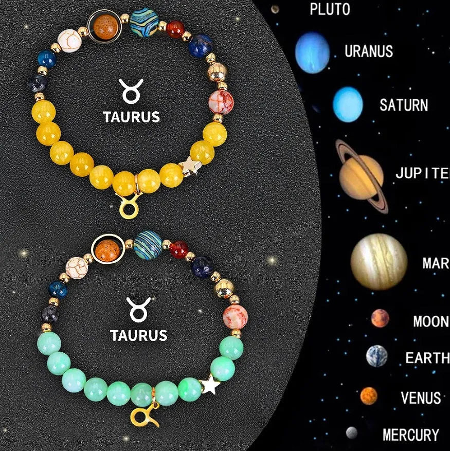Set of two natural stone beaded bracelets showing zodiac sign designs for a complete astrological collection.
