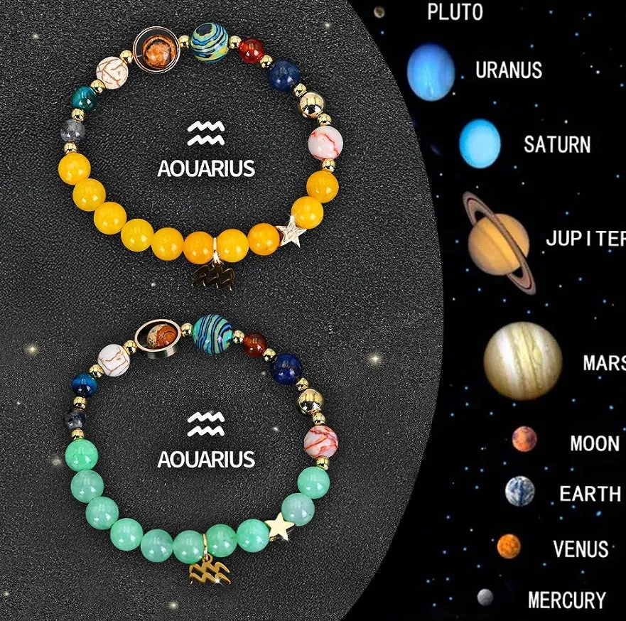 Set of two natural stone beaded bracelets showing zodiac sign designs for a complete astrological collection.