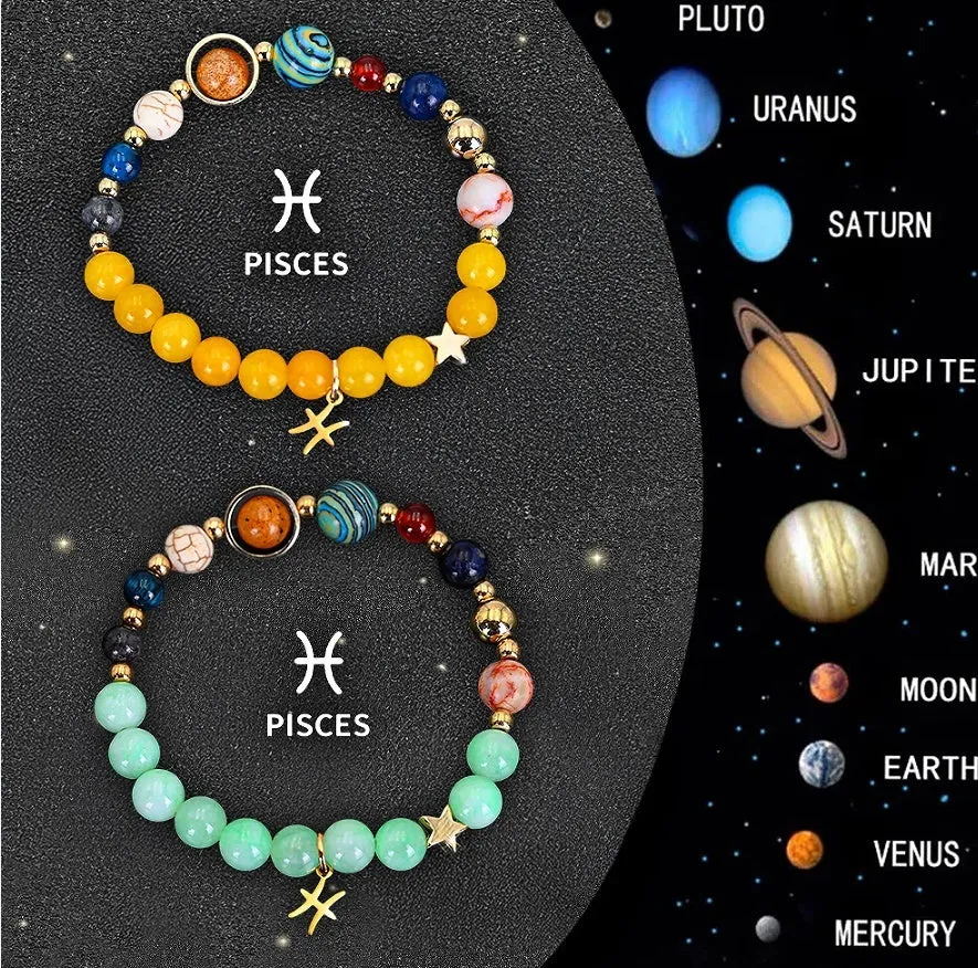 Set of two natural stone beaded bracelets showing zodiac sign designs for a complete astrological collection.