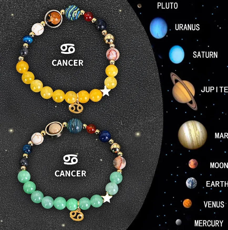 Set of two natural stone beaded bracelets showing zodiac sign designs for a complete astrological collection.