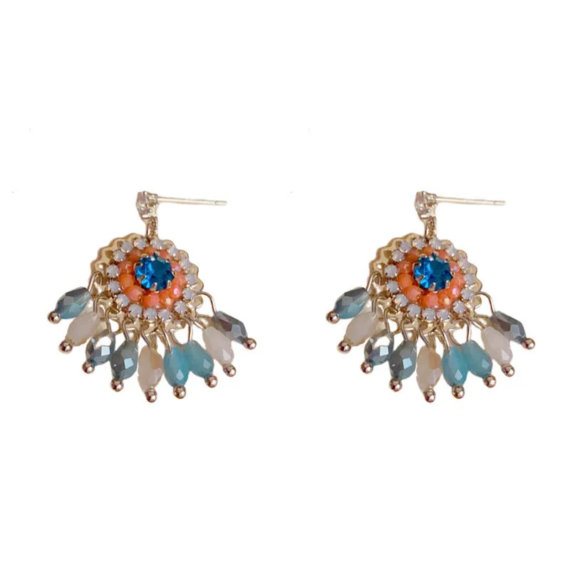 Diamond embedded round crystal tassel earrings in thick gold plated copper, geometric line style for women