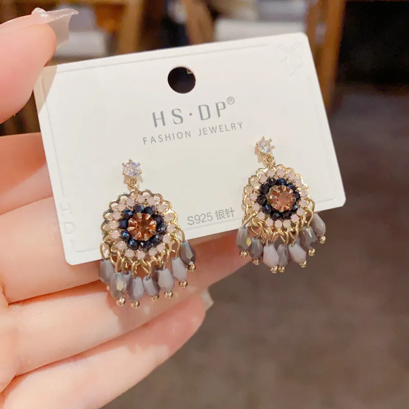 Diamond embedded round crystal tassel earrings in thick gold plated copper, geometric line style for women