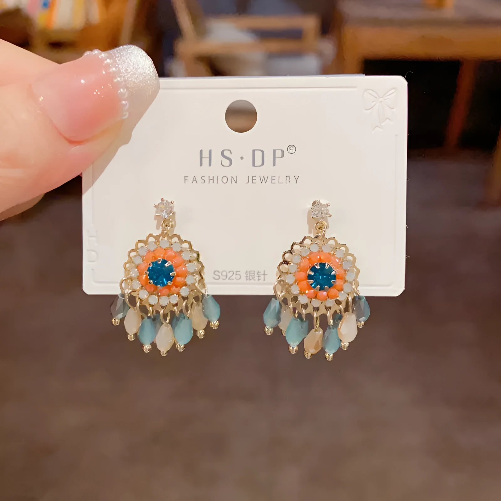 Diamond embedded round crystal tassel earrings in thick gold plated copper, geometric line style for women