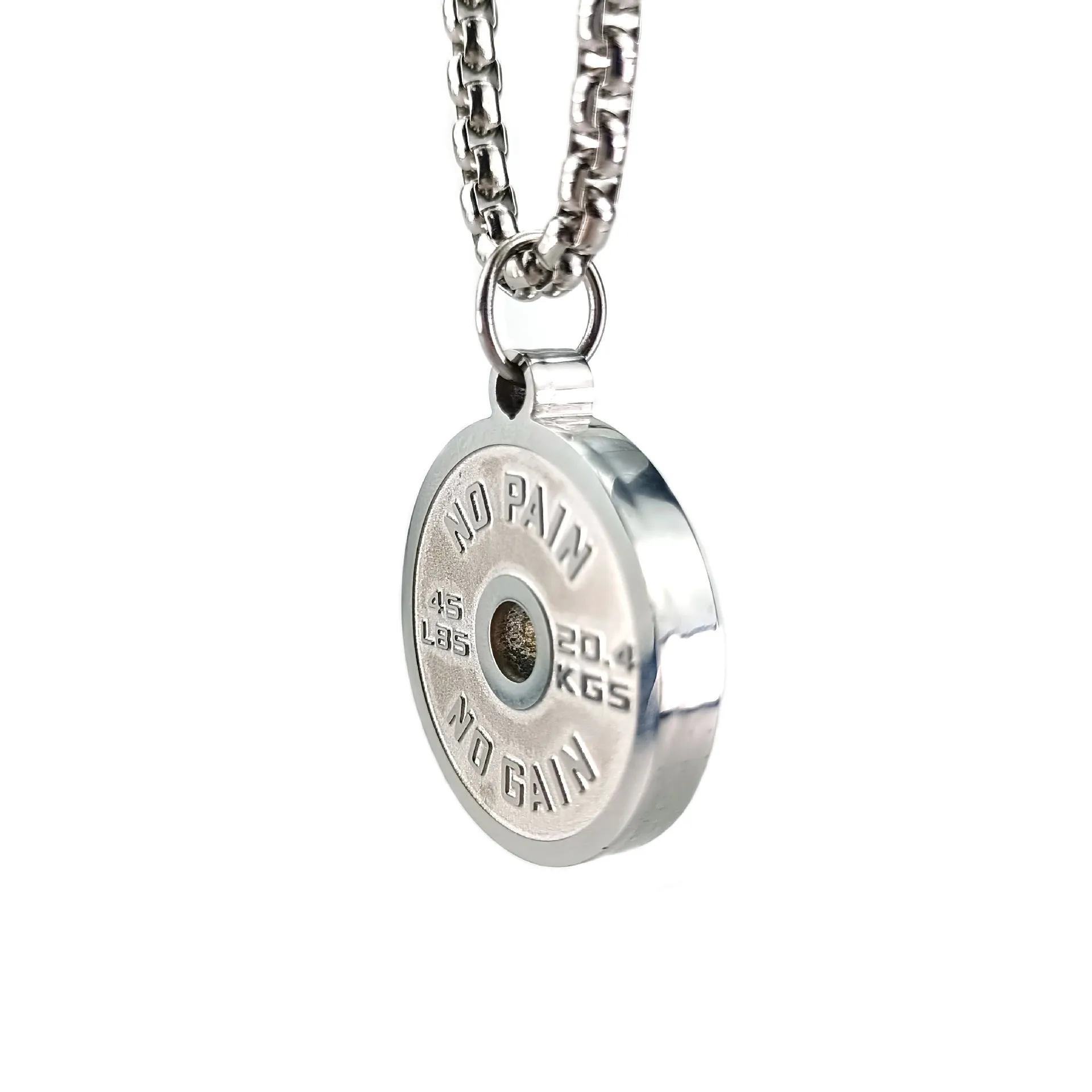 Stainless steel barbell disk sports necklace with geometric pendant on 60cm chain