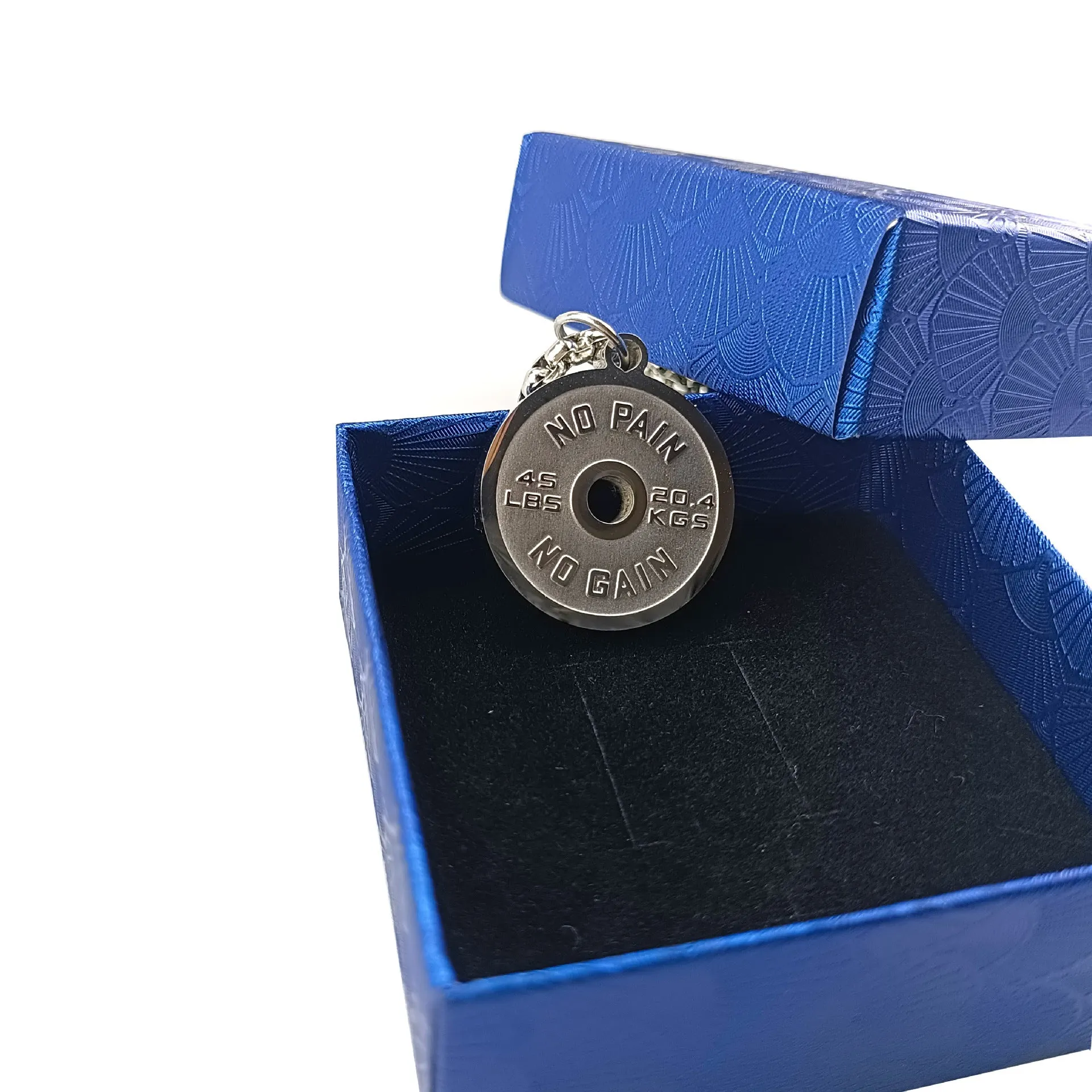 Stainless steel barbell disk sports necklace with geometric pendant on 60cm chain