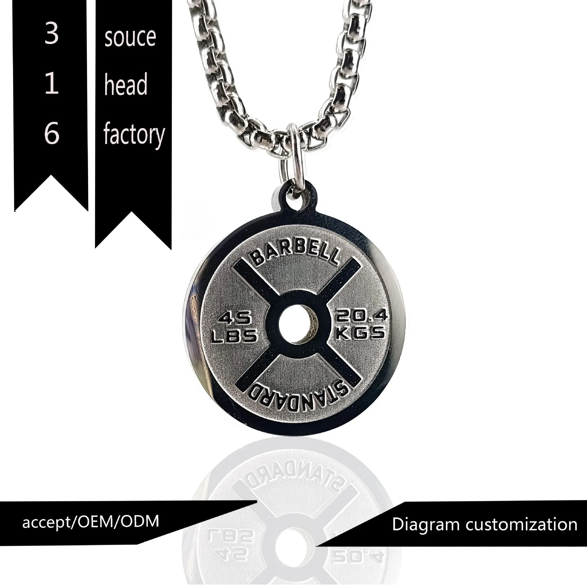 Stainless steel barbell disk sports necklace with geometric pendant on 60cm chain