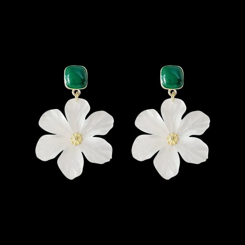 Dark green alloy needle flowers sweet earrings with floral charm design for women