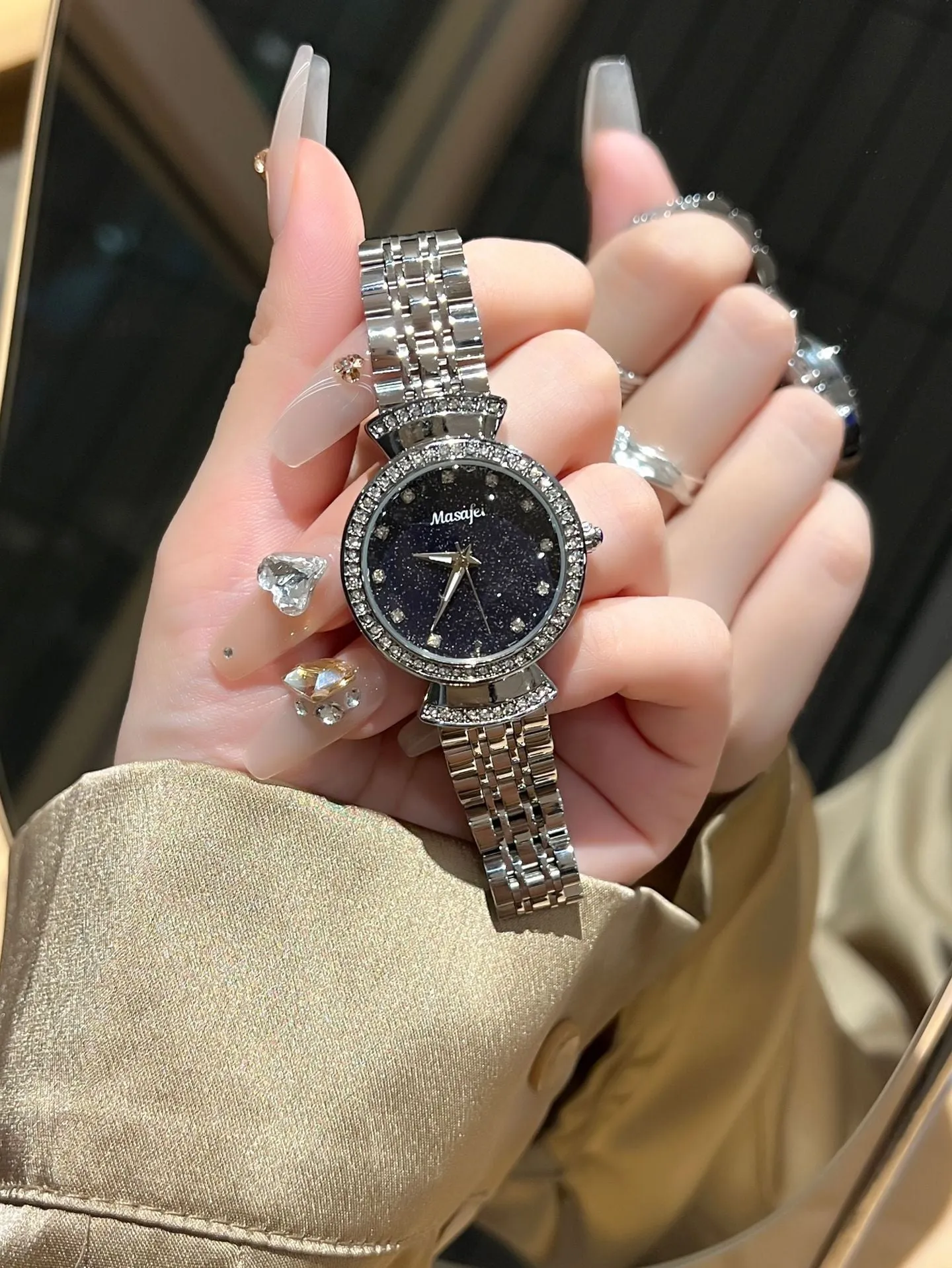 Starry Sky Fritillary Marble women's watch with 32mm dial, metal case, and steel strap