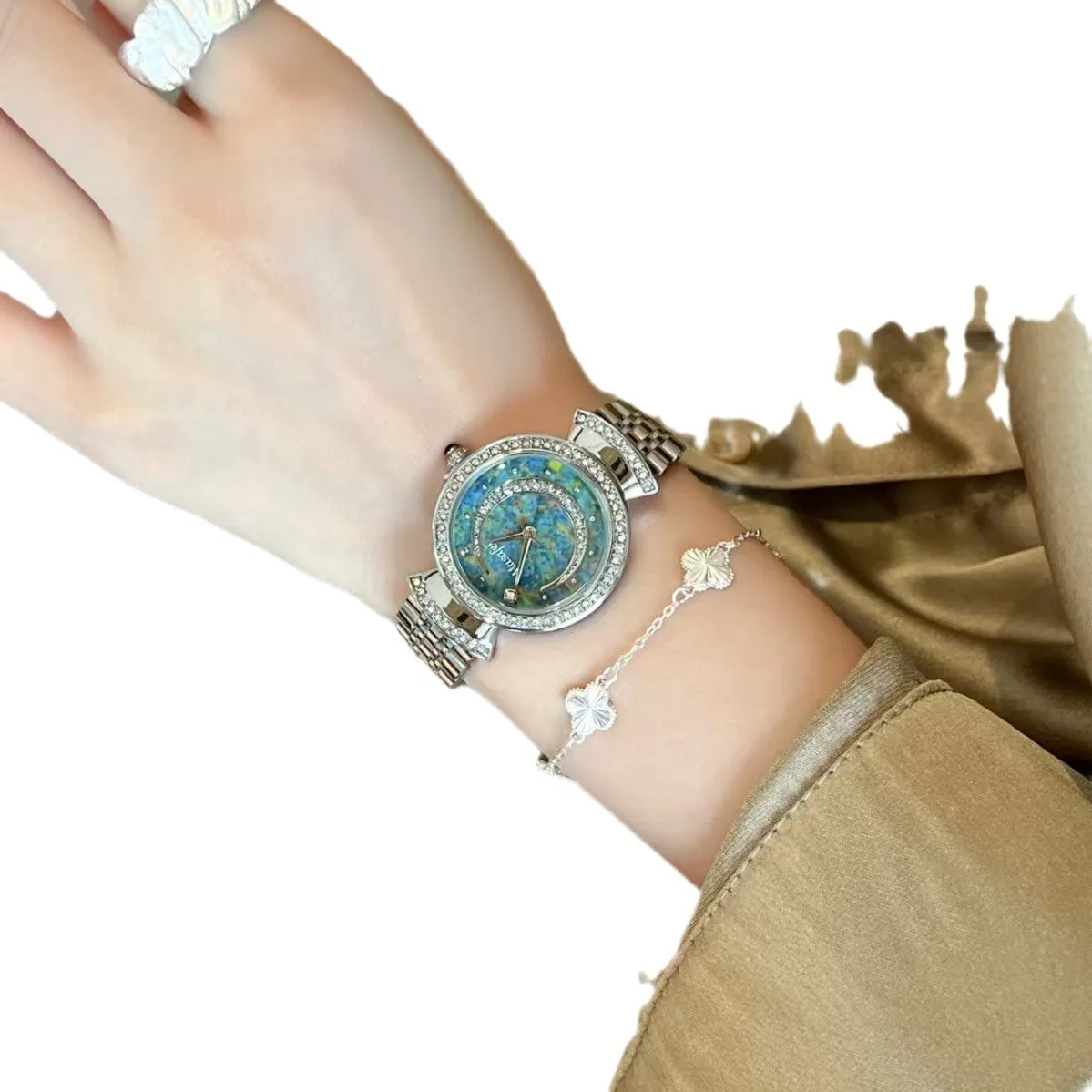 Starry Sky Fritillary Marble women's watch with 32mm dial, metal case, and steel strap