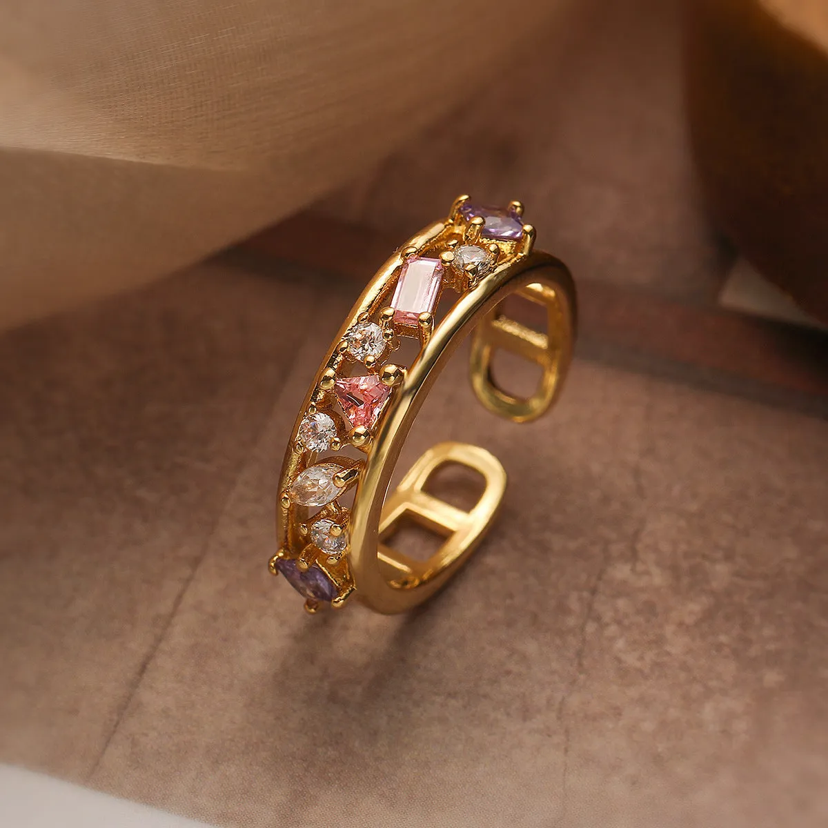 Women's gold plated geometric adjustable ring with zircon and pearl accents