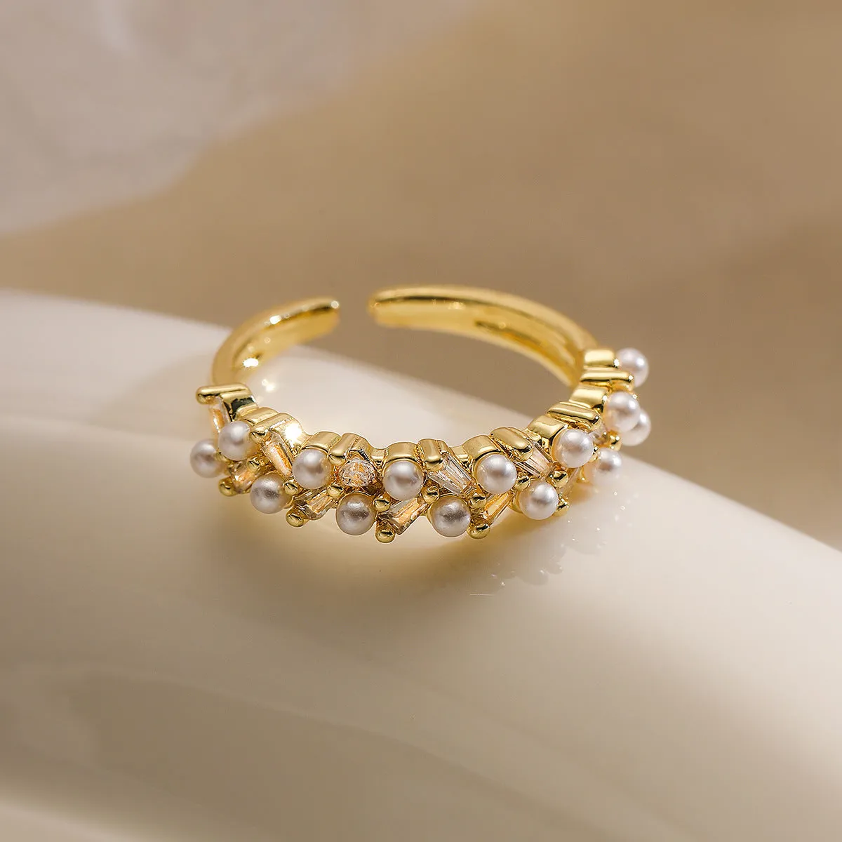 Women's gold plated geometric adjustable ring with zircon and pearl accents