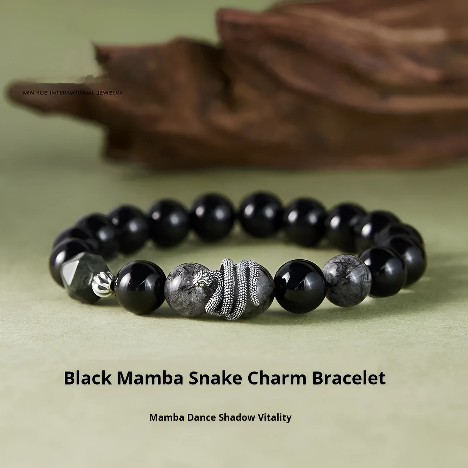 Men's S925 sterling silver snake bracelet with obsidian black hair crystal and retro zodiac design