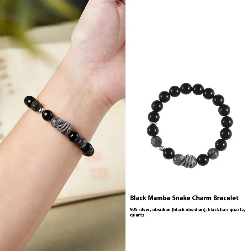 Men's S925 sterling silver snake bracelet with obsidian black hair crystal and retro zodiac design
