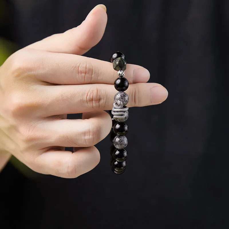 Men's S925 sterling silver snake bracelet with obsidian black hair crystal and retro zodiac design