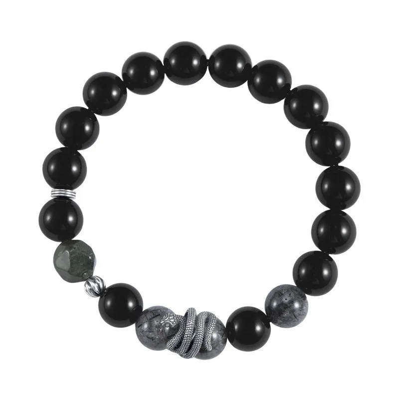 Men's S925 sterling silver snake bracelet with obsidian black hair crystal and retro zodiac design