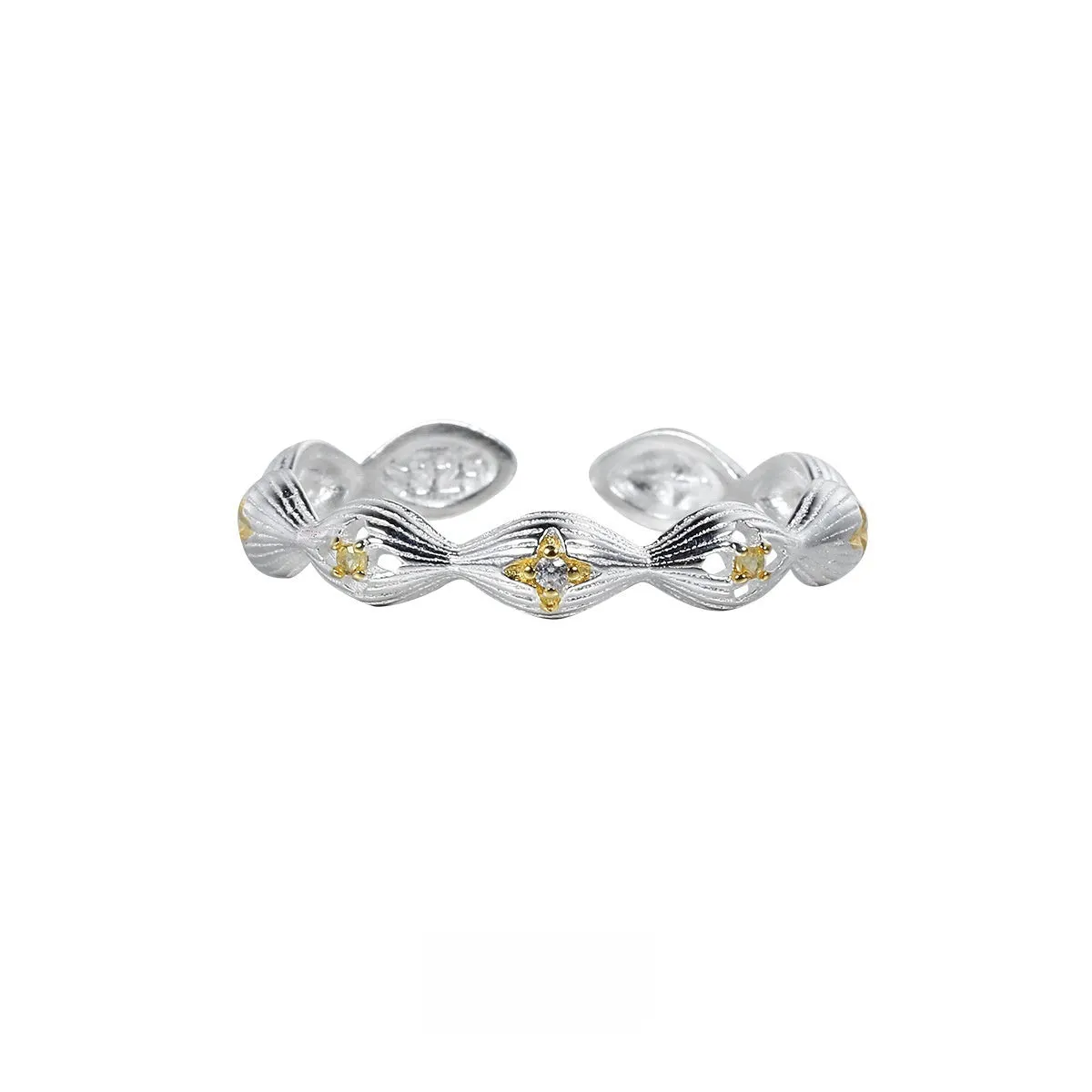 Buccherati brushed star ring in silver gold electroplated finish with adjustable opening on a white background
