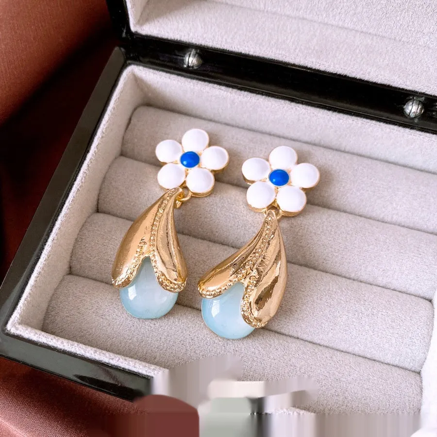 Glass flower earrings retro Chinese style dropping oil finish women all-match silver needle gold colour
