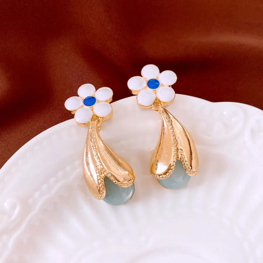 Glass flower earrings retro Chinese style dropping oil finish women all-match silver needle gold colour