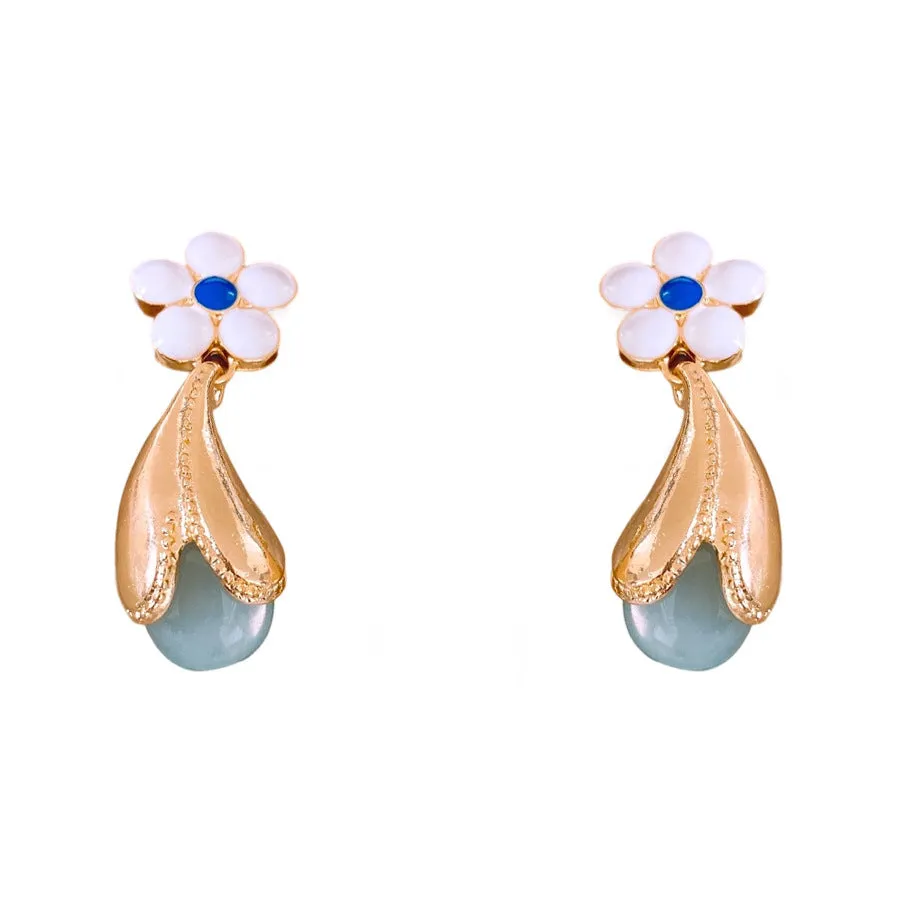 Glass flower earrings retro Chinese style dropping oil finish women all-match silver needle gold colour