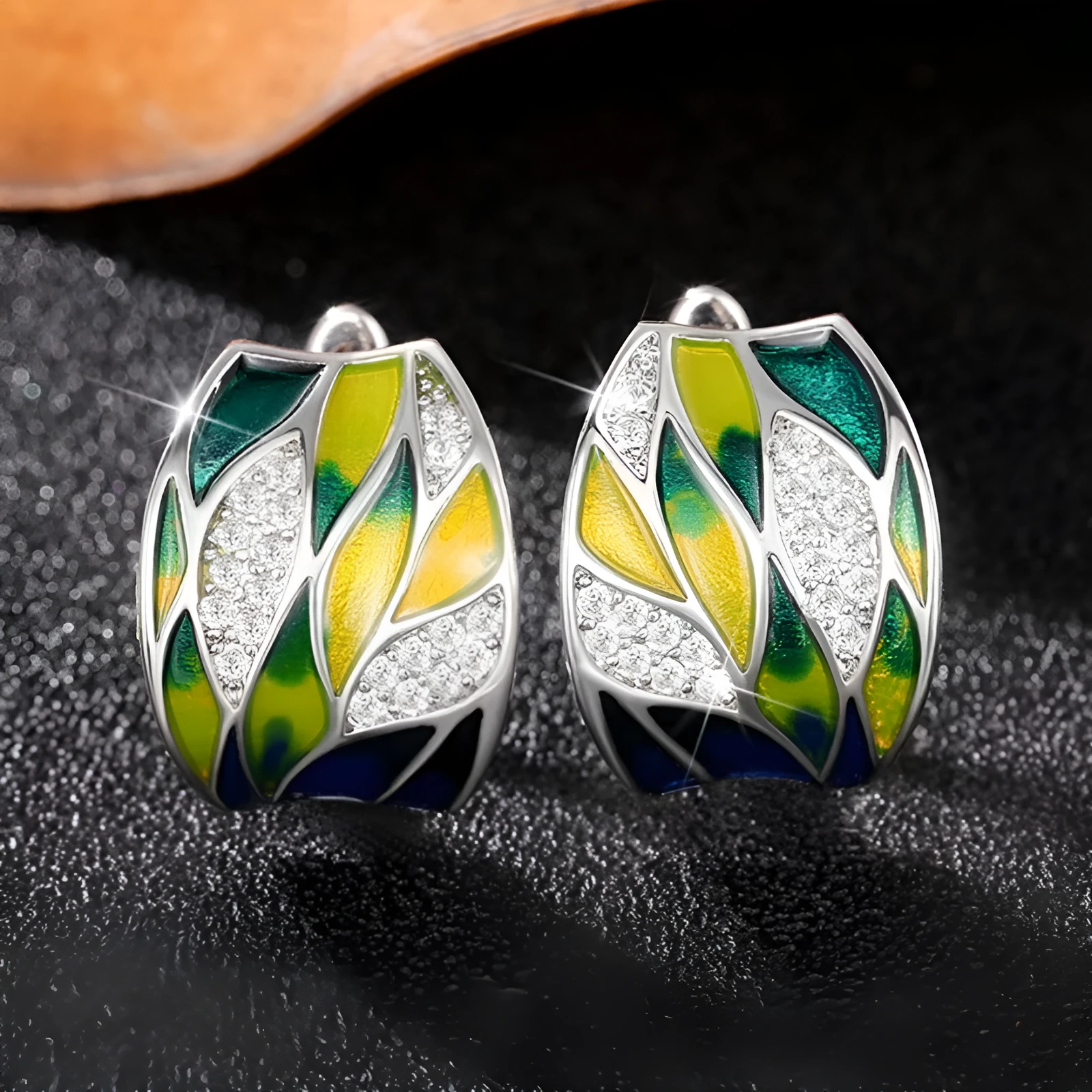 Pastoral style green mori enamel zircon ear clips with leaf motif, white gold colour on copper base
