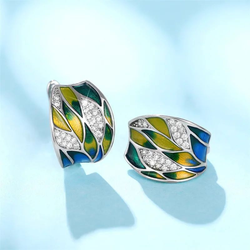 Pastoral style green mori enamel zircon ear clips with leaf motif, white gold colour on copper base