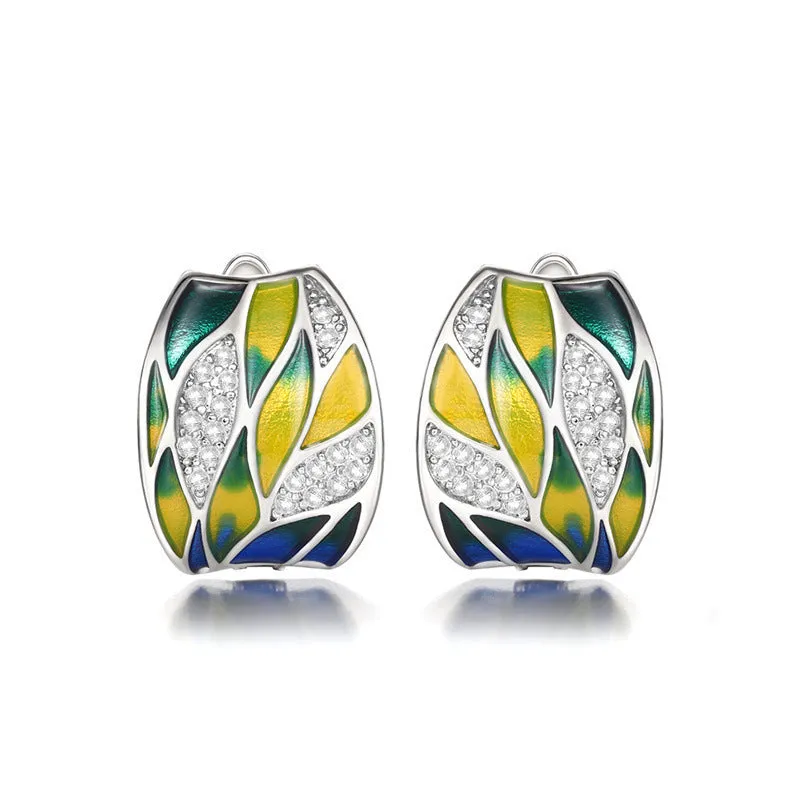 Pastoral style green mori enamel zircon ear clips with leaf motif, white gold colour on copper base
