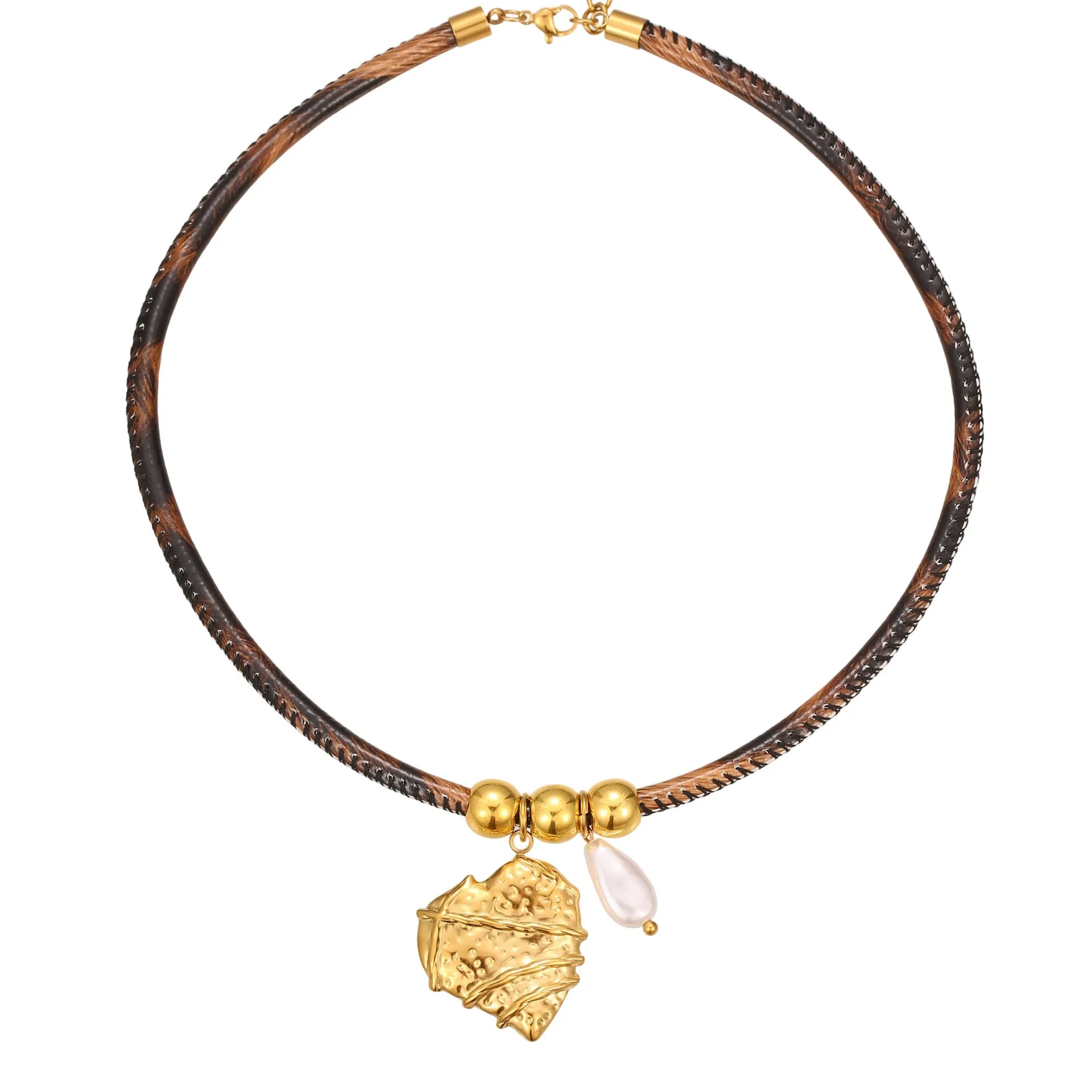 Geometric leopard head stainless steel necklace with gold electroplated finish on adjustable chain