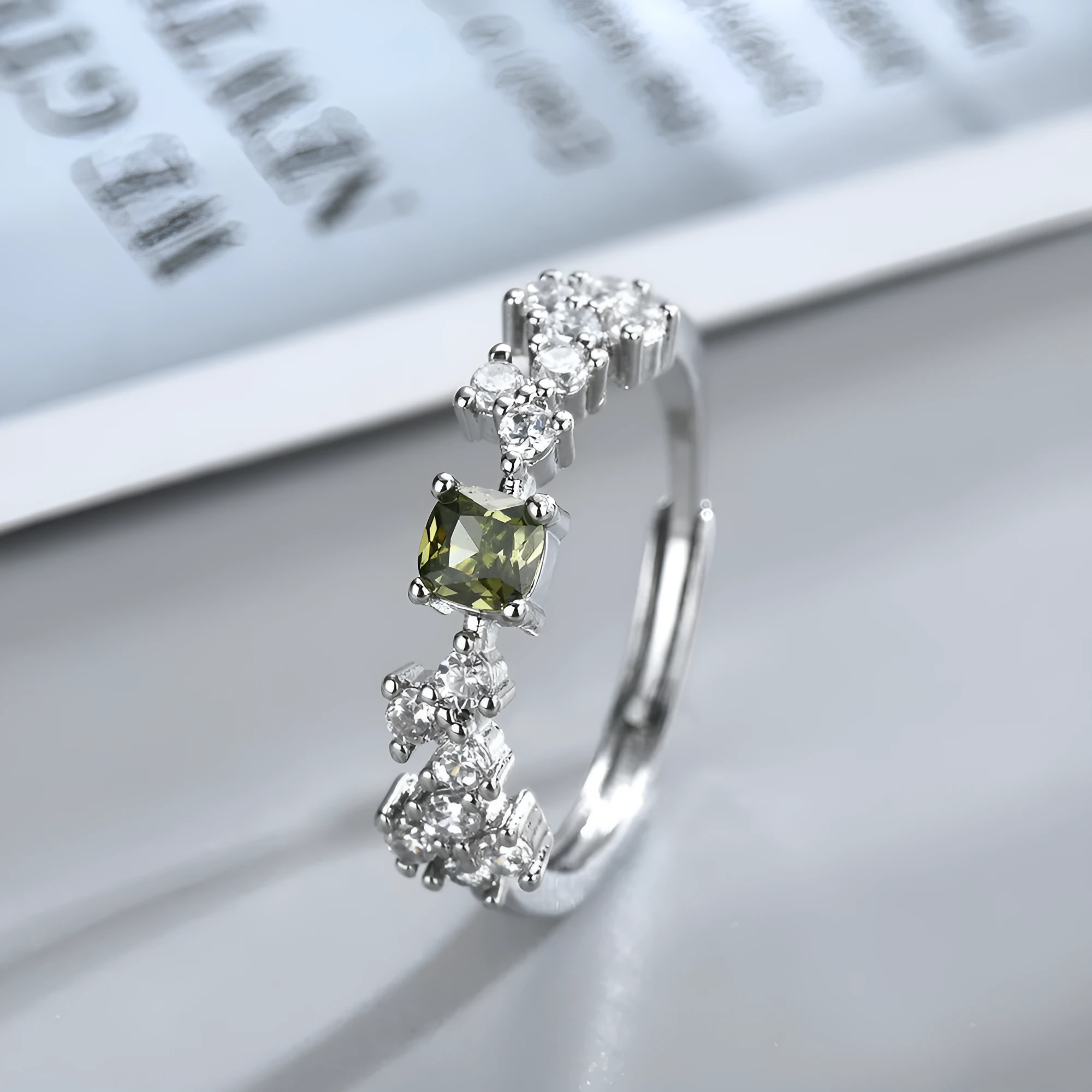 Olive green zircon ring for women, crown shape, adjustable open mouth, copper electroplated white gold tone