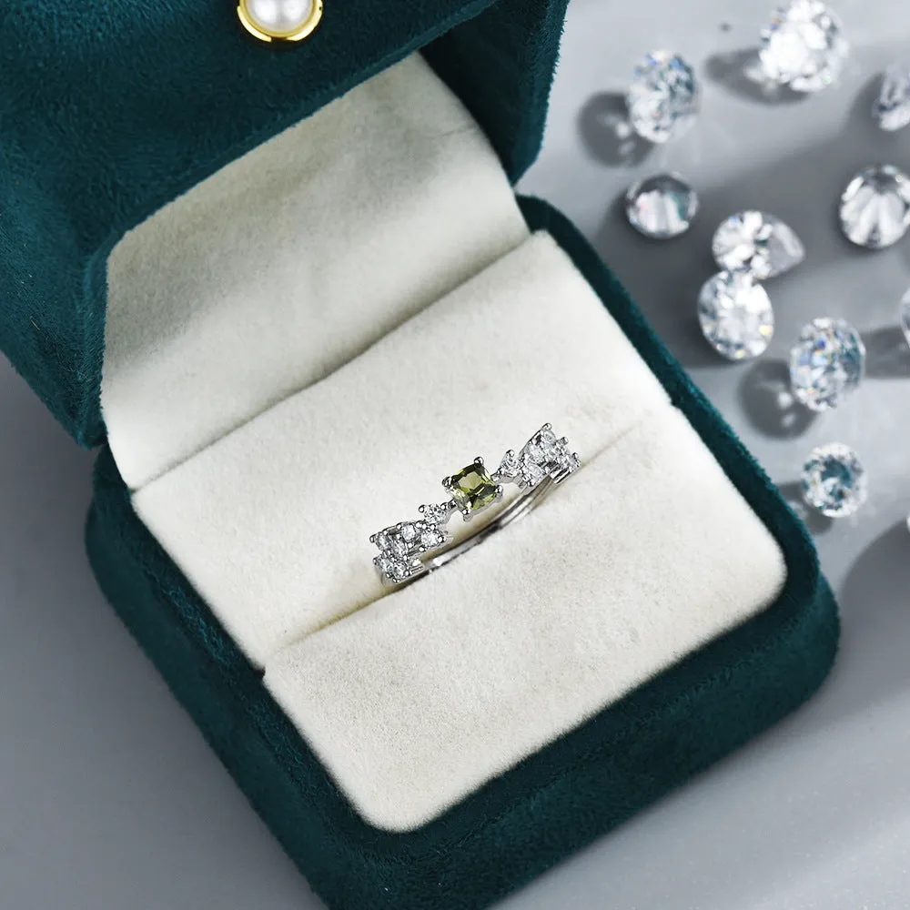Olive green zircon ring for women, crown shape, adjustable open mouth, copper electroplated white gold tone