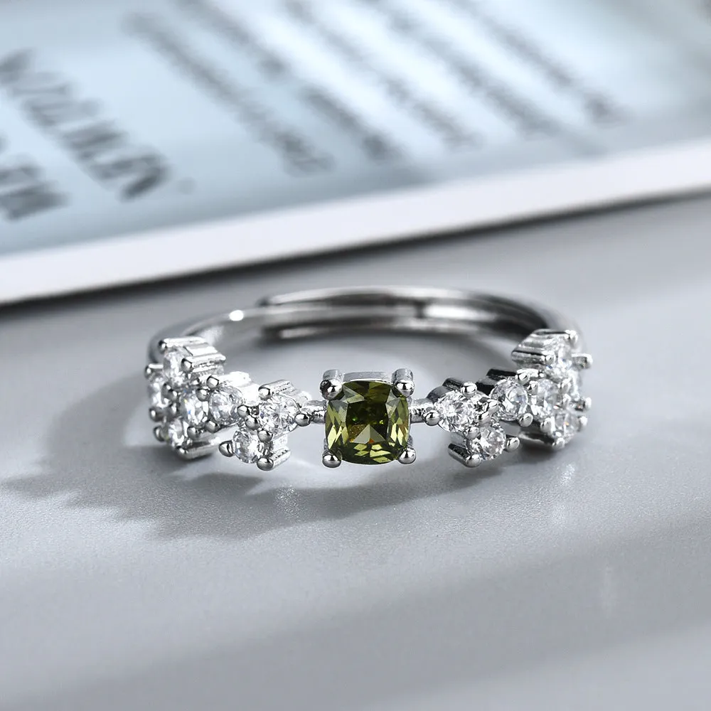 Olive green zircon ring for women, crown shape, adjustable open mouth, copper electroplated white gold tone
