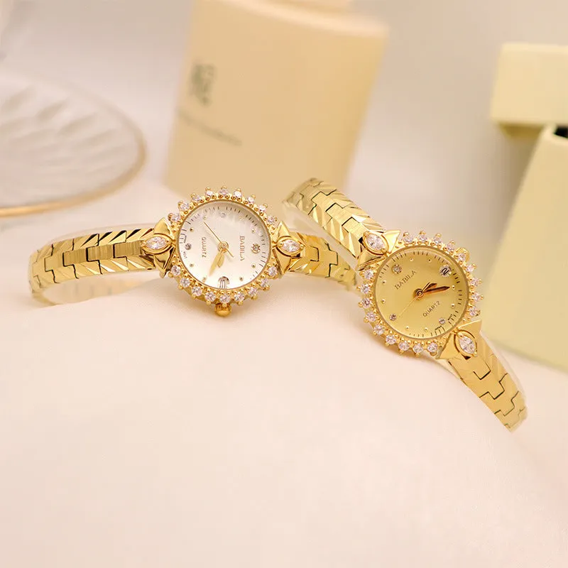 Women's vintage quartz watch with gold face and diamond embossed bracelet, slim 6mm design on a neutral background