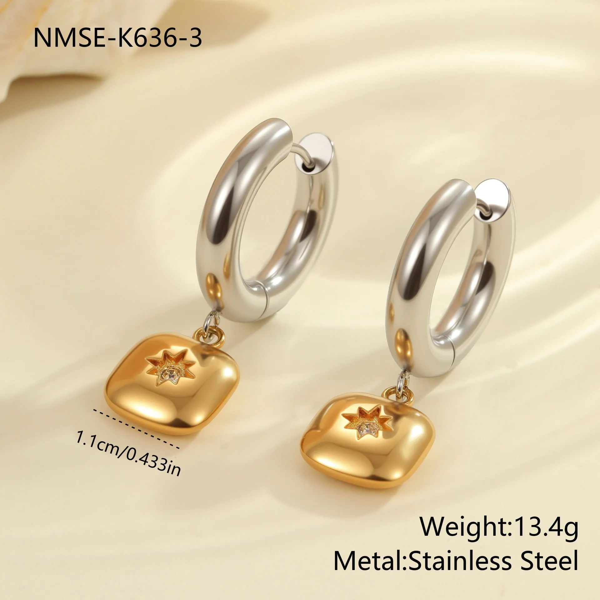 Stainless steel geometric earrings with 18K electroplated finish showing heart and star shapes