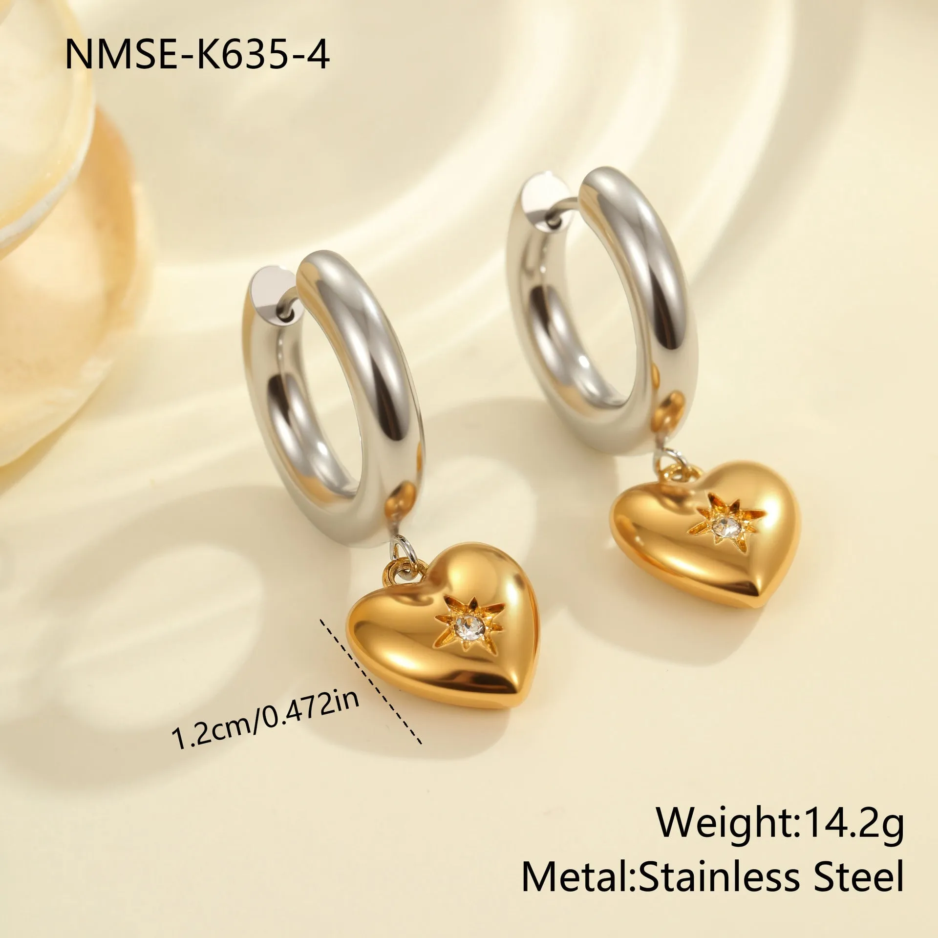 Stainless steel geometric earrings with 18K electroplated finish showing heart and star shapes