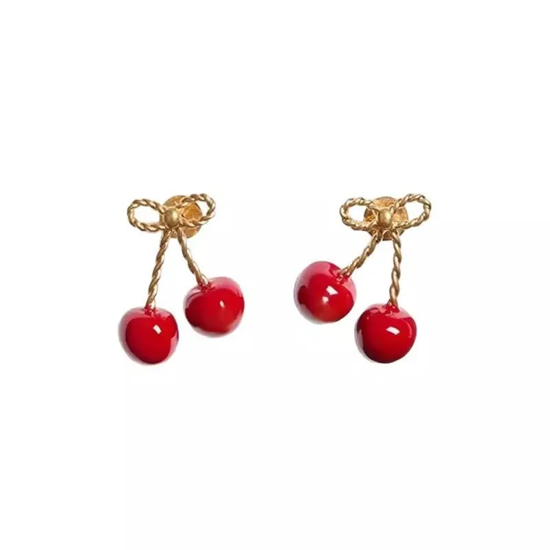 Red alloy cherry earrings for women, simple fruit and geometry shape