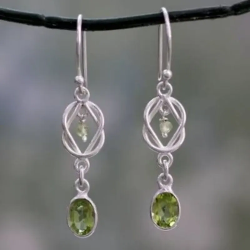 Silver alloy women's earrings with green gem micro inlay, geometric ellipse and line design, Maillard style