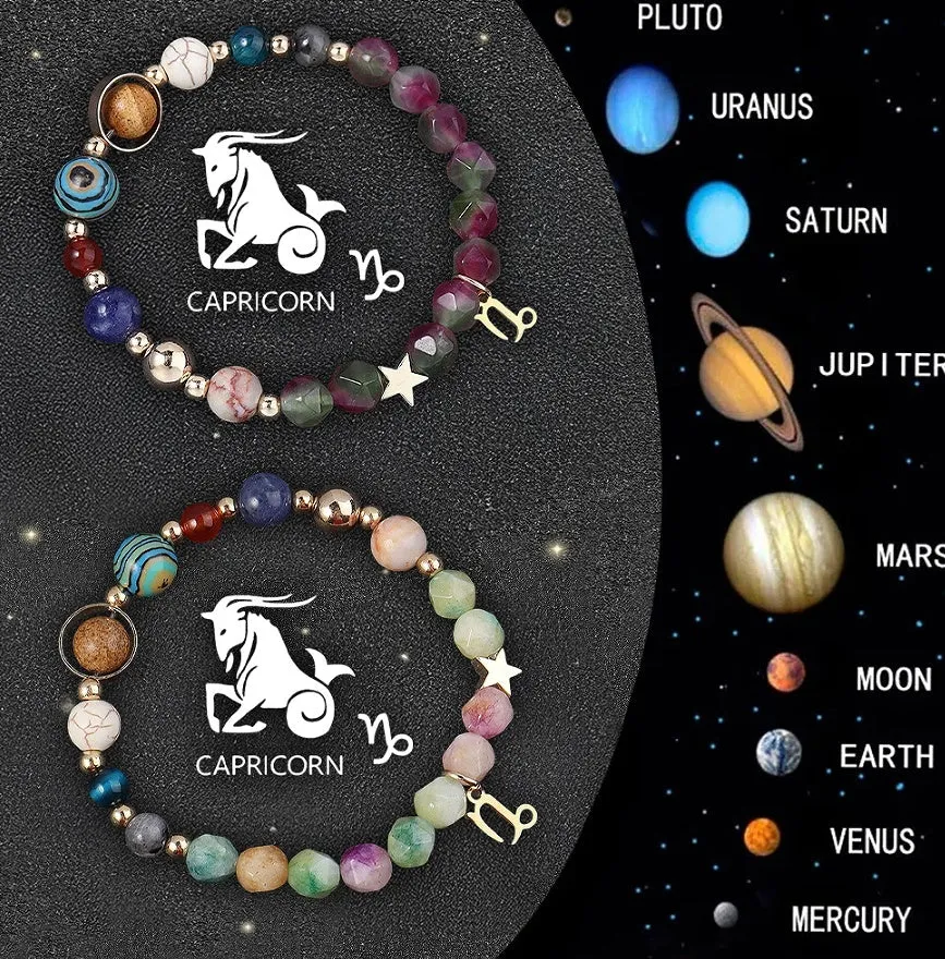 Natural stone beaded bracelets for the twelve zodiac signs, showing two bracelets in a set.