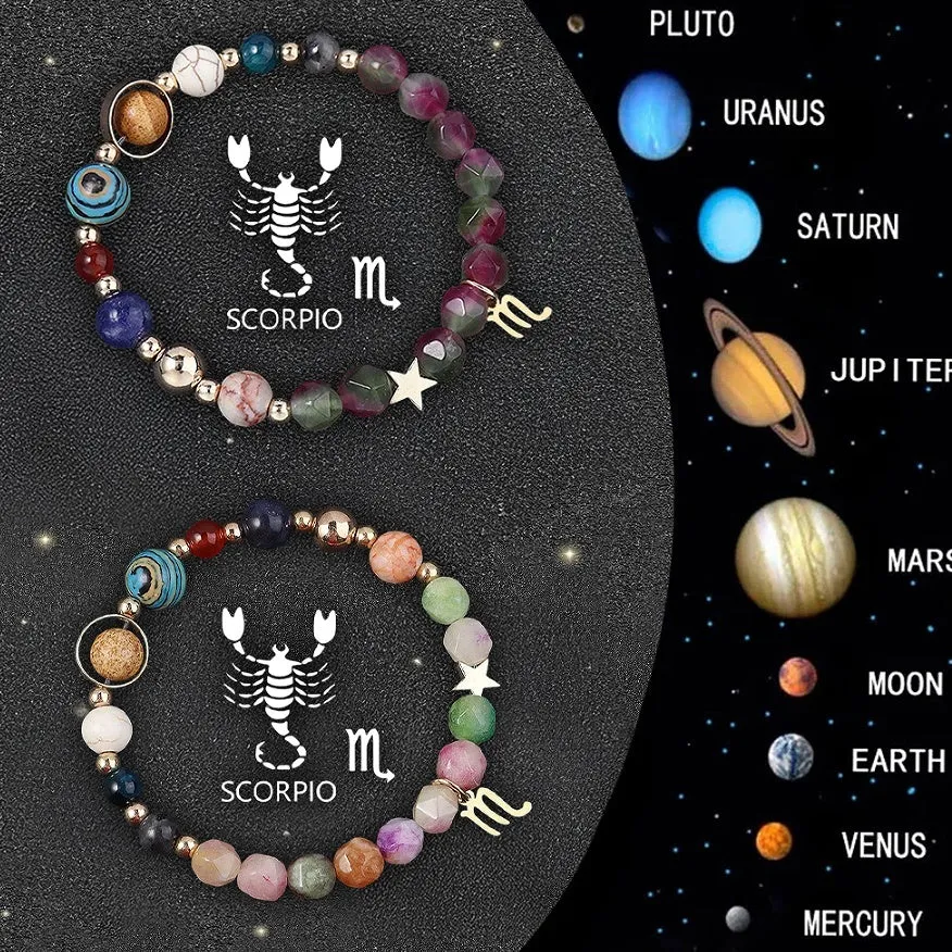Natural stone beaded bracelets for the twelve zodiac signs, showing two bracelets in a set.