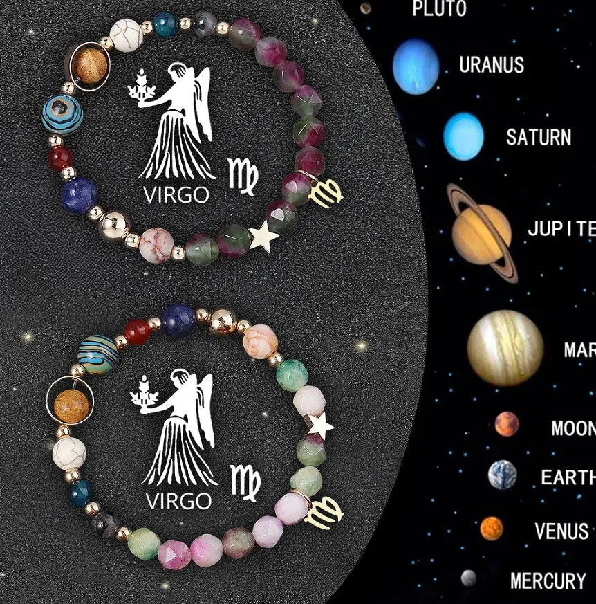 Natural stone beaded bracelets for the twelve zodiac signs, showing two bracelets in a set.