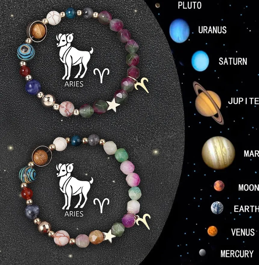 Natural stone beaded bracelets for the twelve zodiac signs, showing two bracelets in a set.