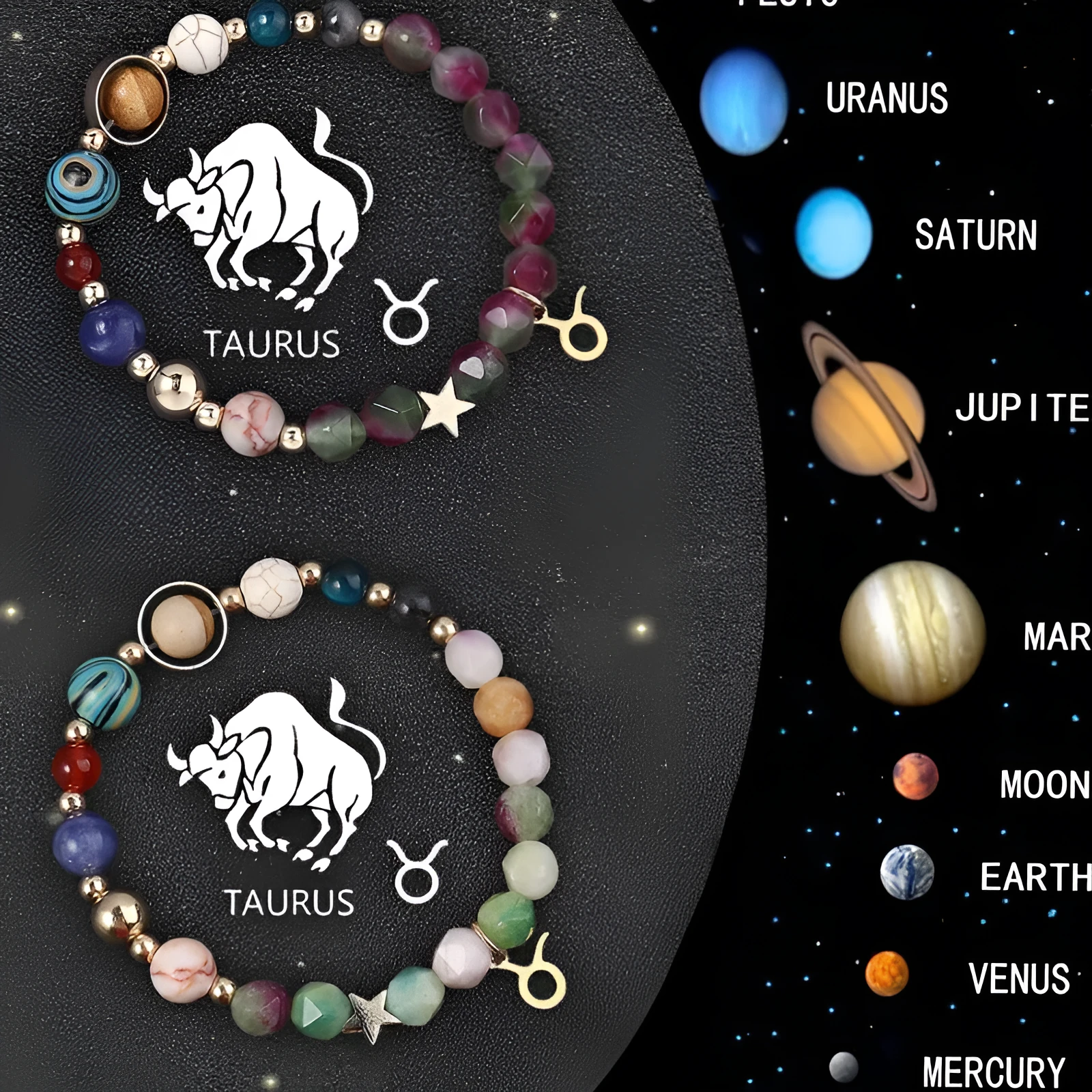 Natural stone beaded bracelets for the twelve zodiac signs, showing two bracelets in a set.