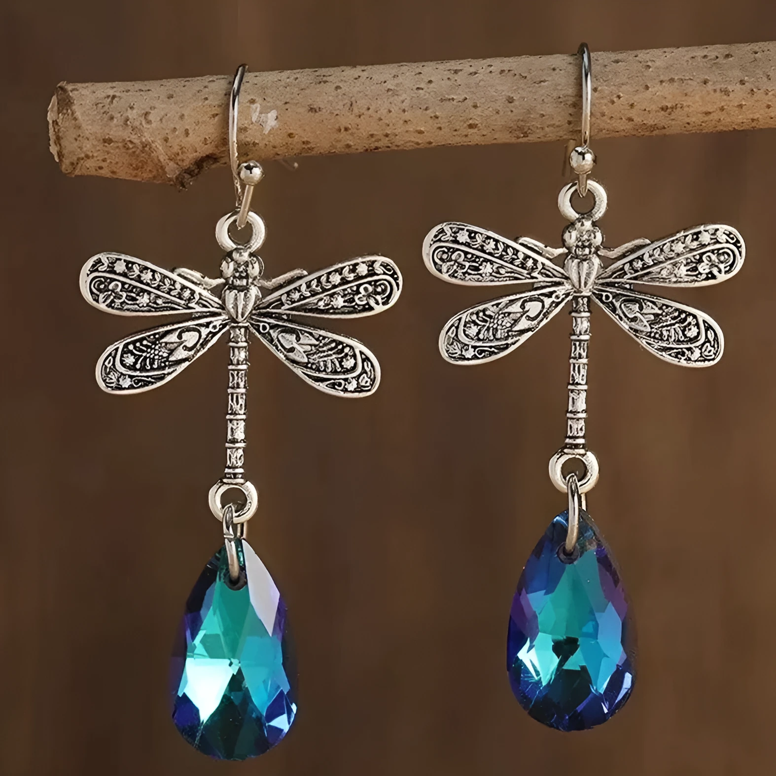 Silver alloy micro inlay dragonfly pendant earrings in geometric water drop shape