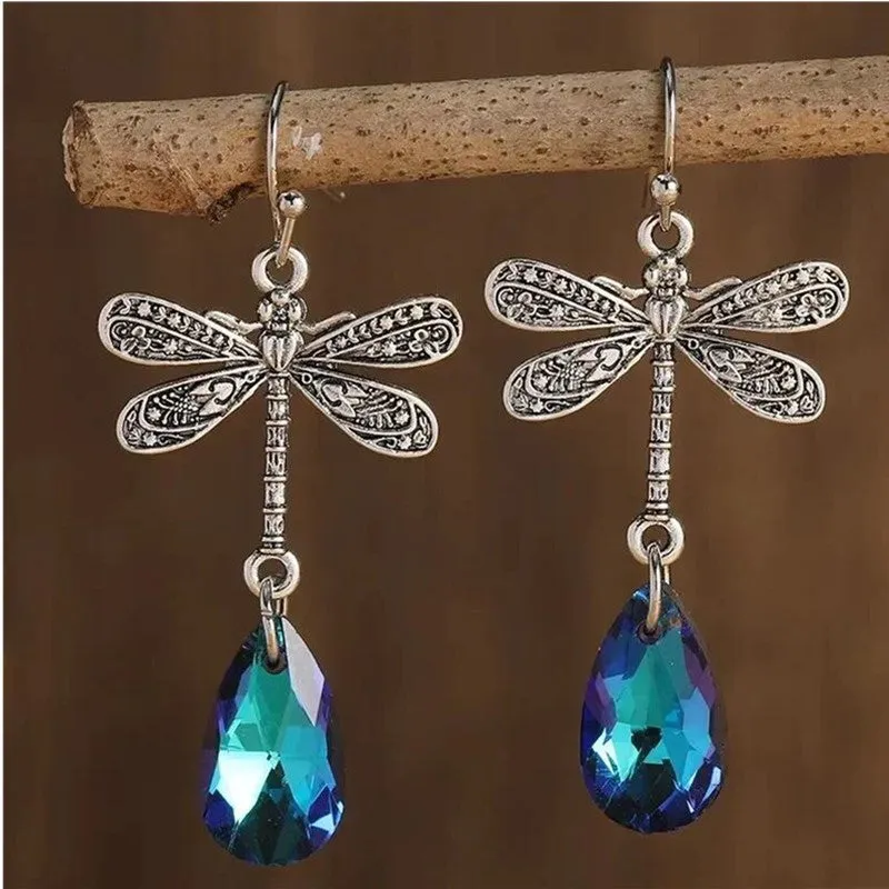 Silver alloy micro inlay dragonfly pendant earrings in geometric water drop shape