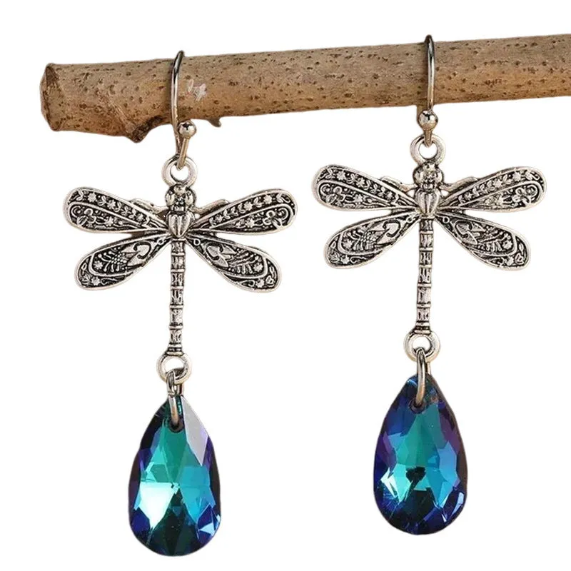 Silver alloy micro inlay dragonfly pendant earrings in geometric water drop shape