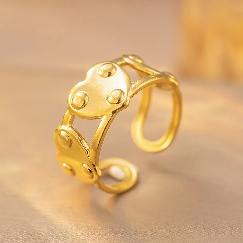 Open adjustable titanium steel love ring in gold colour, retro geometric split ring design