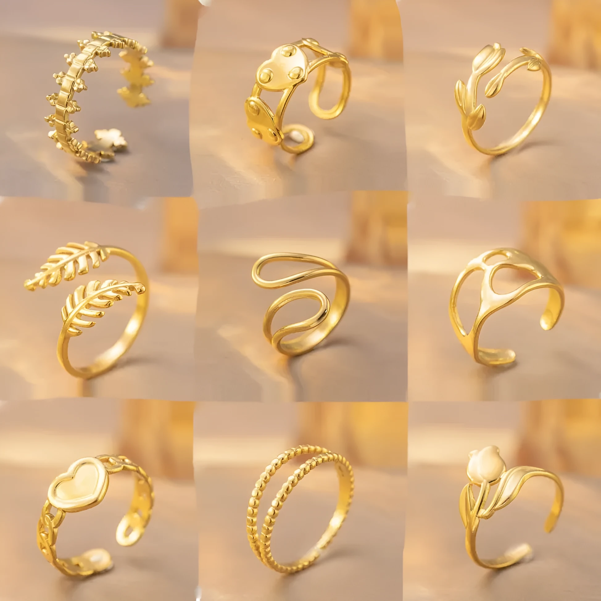 Open adjustable titanium steel love ring in gold colour, retro geometric split ring design