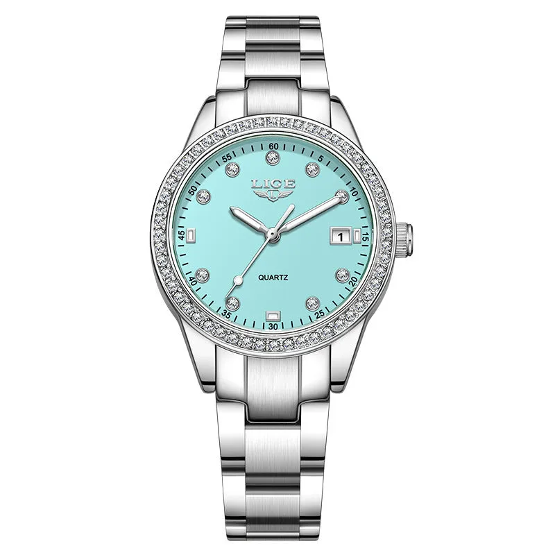 Fashion Girl quartz watch with diamond-encrusted bezel, silver stainless steel bracelet, round 34mm dial with luminous hands